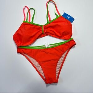 NWT Cupshe Orange Green Colorblock Bikini Set Strappy Back Size Large